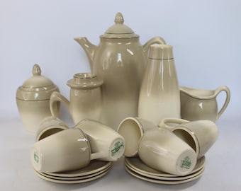 Elegant Vintage Soviet Budy Faience Coffee Set 1970s, Beige Gradient Ombre Faience Tea Set, Ukrainian Pottery Coffee Pot Cups Saucers Vase