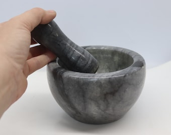 Heavy Vintage Grey Marble Mortar and Pestle Set, Solid Stone Herb Spice Grinder 2.3 kg, Kitchenware 1990s 2000s, Rustic Kitchen Decor