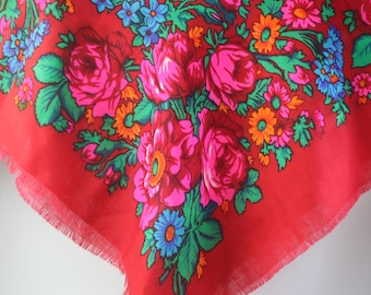 Vintage Soviet Red Wool Floral Shawl, 1970s USSR Ivory Babushka Scarf, Cottagecore Folk Wrap