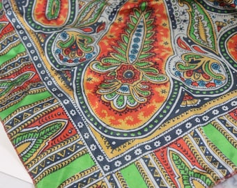 Vintage Soviet Paisley Babushka Shawl Silk Satin Scarf Green Orange USSR 1970s 1980s 90x90 cm