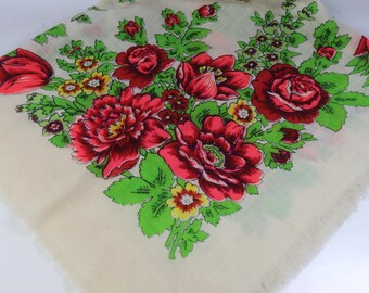 Vintage Soviet Wool Babushka Shawl Off White Floral Headscarf Red Roses 1970s 1980s 70x70 cm