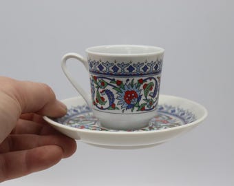 Vintage Turkish Coffee Cup Saucer Set Gural Porselen, Iznik Style Floral Pattern Porcelain Demitasse Espresso Cup, Ottoman Floral Tea Pair