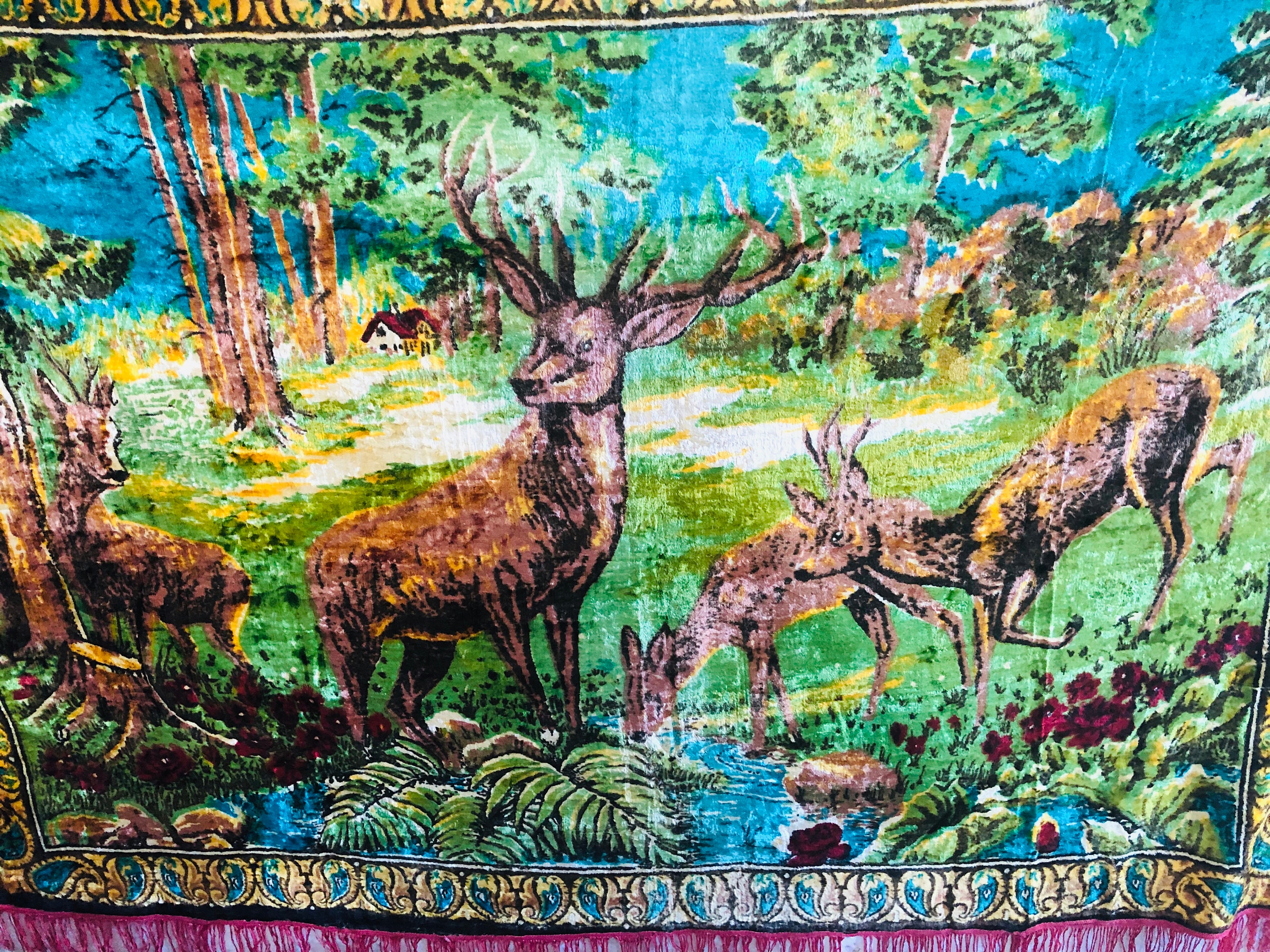 Soviet Plush Carpet Deer, Vintage Wall Carpet, Tablecloth, Rustic