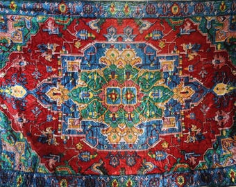 200x125cm Vintage Soviet Plush Rug, 1950s USSR Velvet Geometric Carpet, Mid-Century Boho Tapestry