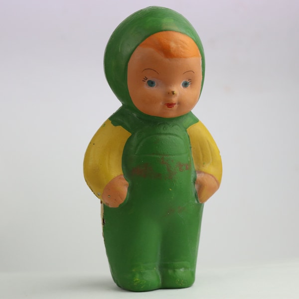 14 cm Very rare collectible Soviet rubber funny baby in overalls, child in winter clothes, vintage toy girl, ussr doll, old doll,rubber baby