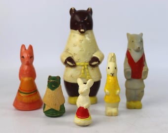12cm soviet sweet miniature celluloid fairy tale toys. Teremok. vintage cartoon Mitten. plastic toy. USSR toy bear wolf fox bunny mouse frog