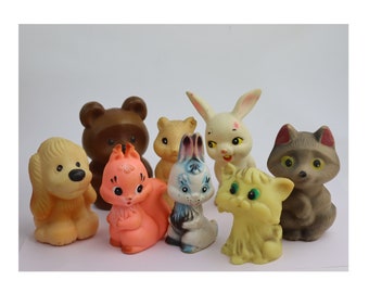 funny vintage small collection of 8 rubber little animals: bear cub, fox, little squirrel, 2 bunnies, chipmunk, doggy and kitten, soviet toy