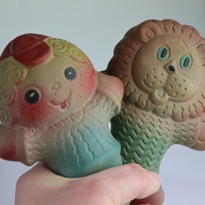 15 cm pair of flat squeaky toys for babies, vintage toy girl, lion, ussr doll, antique toy, toy squeaker, ussr quality toy