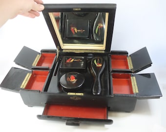 Vintage Vietnamese Lacquer Jewelry Vanity Box 1950s, Black Lacquer Hand Painted Trinket Chest with Mirror Brush Powder Box Secret Drawer