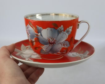 Vintage big Soviet Porcelain tea mug Malva, Shabby Hand painted Soviet cup, coffee set, Soviet Porcelain mug, Porcelain tea set, tea cup