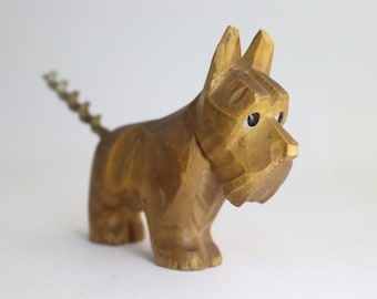 Vintage Wooden Dog Corkscrew, Hand Carved Scottie Barware, Mid Century Animal Bottle Opener