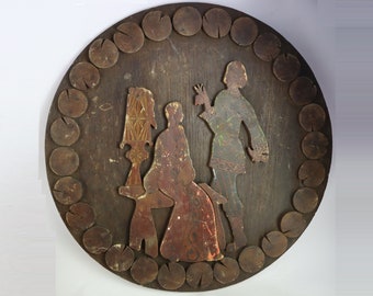 1967 Large vintage wall wooden picture, soviet canvas, handpainted rustic USSR image decor, spinning wheel, princess, russian fairy tale
