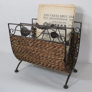 Vintage magazine rack, newspaper wicker basket, rattan holder Boho mid century style metal wicker forged storage home decor press organizer