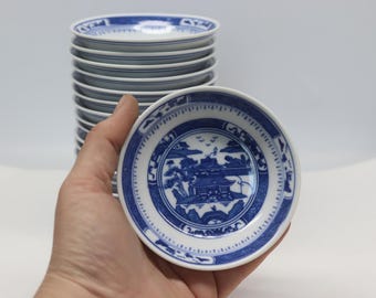 Vintage Jingdezhen Blue and White Willow Porcelain Sauce Dish, Chinese Cobalt Pagoda Landscape Mini Plate, Jingdezhen Mark Dish Tea Treat