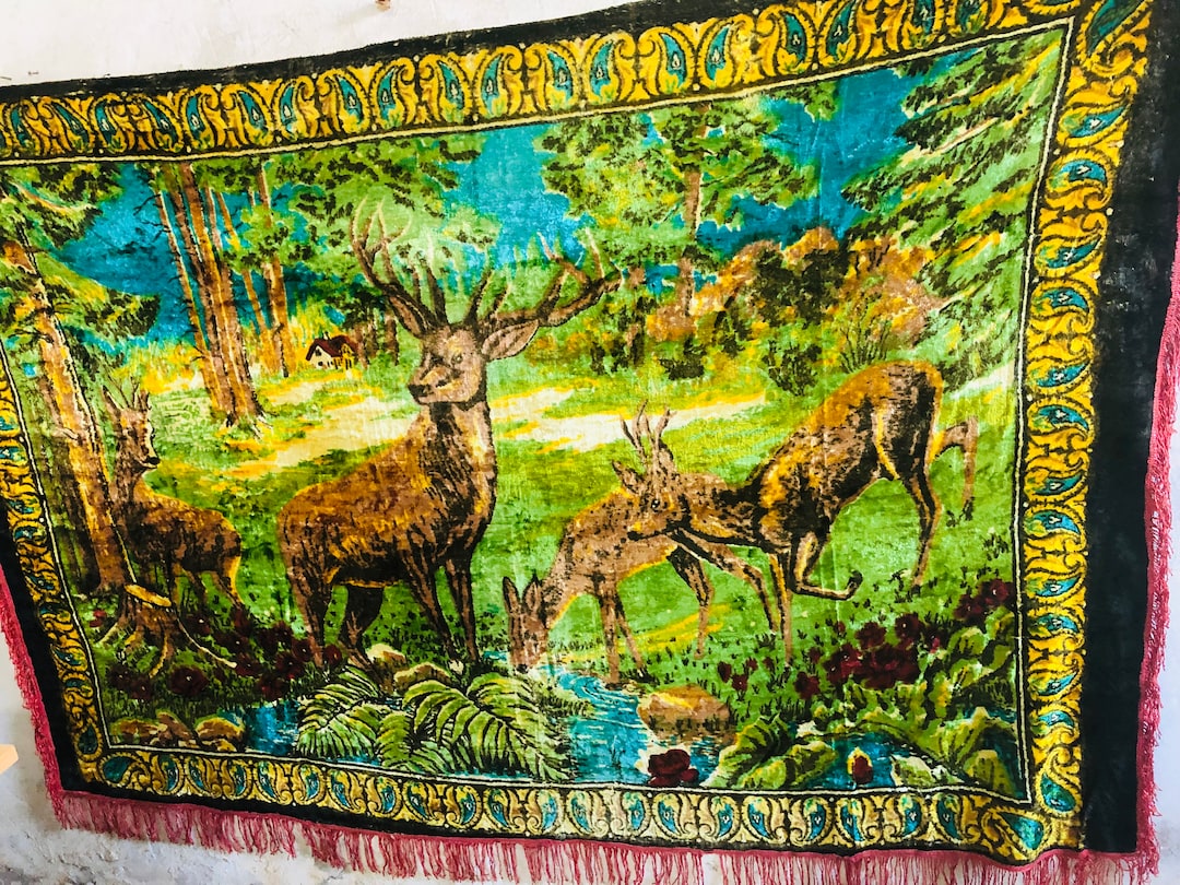 Soviet Plush Carpet Deer, Vintage Wall Carpet, Tablecloth, Rustic