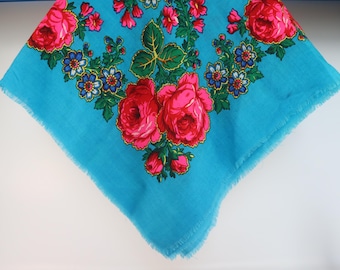 Vintage Soviet Floral Scarf, Turquoise Wool Head Shawl, USSR Folk Woolen Accessory