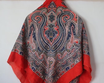 Vintage Soviet Paisley Babushka Shawl Fine Wool Cotton Scarf Red Oversized USSR 115x125 cm