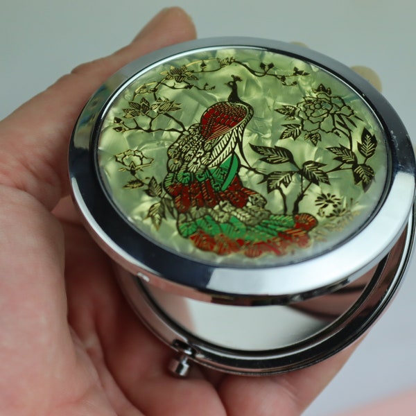 New vintage pocket mirror peacock, Soviet mirror, cloisonne mirror, Made in USSR, handpainted, enamel hand mirror, gift idea, Christmas gift