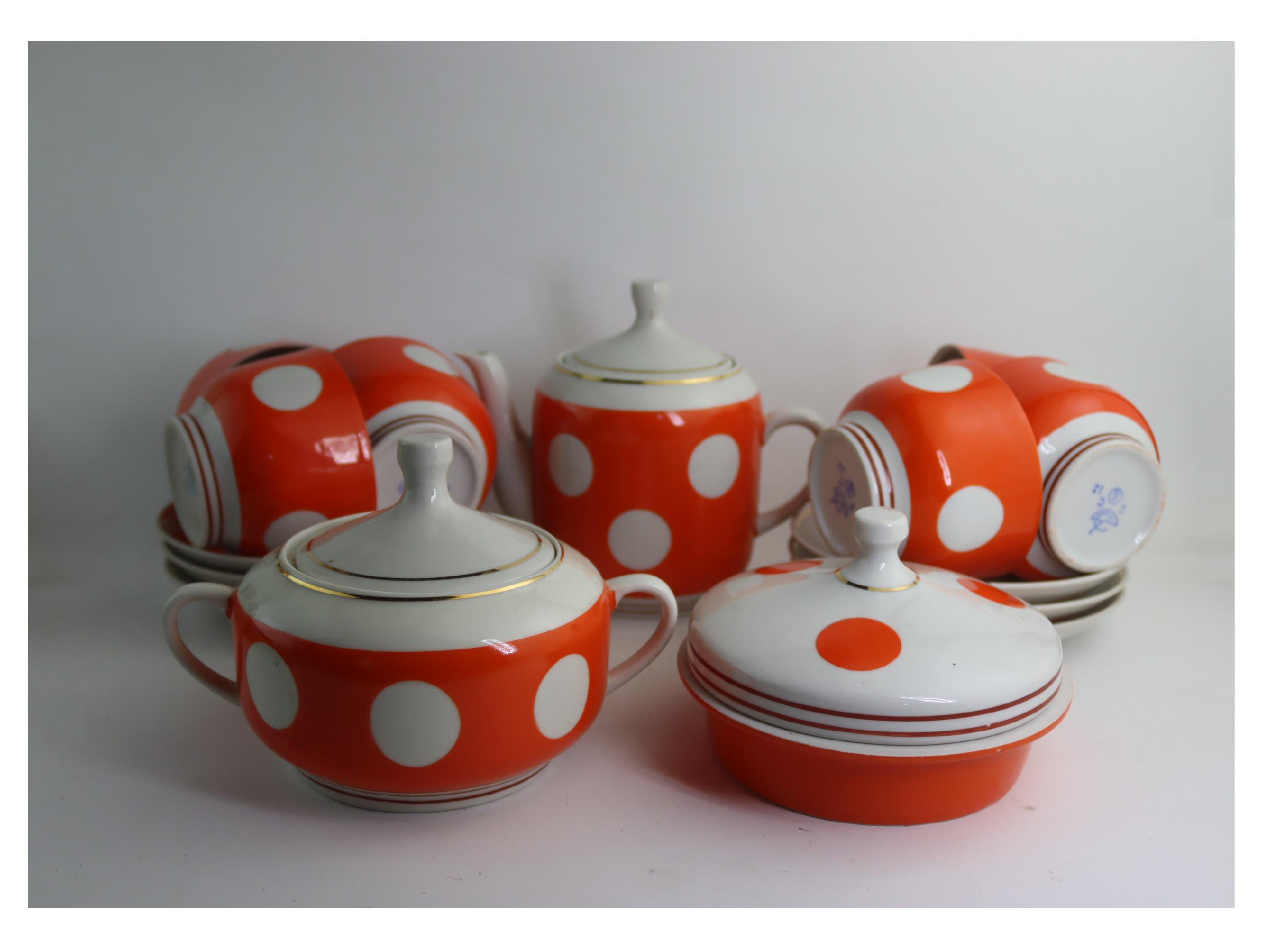 Like New Soviet polka dot tea set for 6 persons, Soviet  coffee set, Soviet dinner service, Vintage tea coffee set,cup, tea, tableware