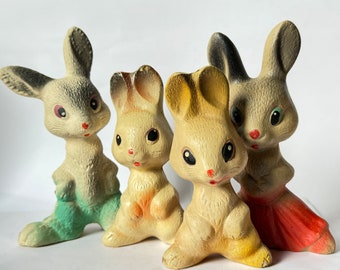 16 cm Linda familia de conejitos vintage, niña, niño, bebé, trío de animales de goma soviéticos, juguete vintage, muñeca ussr, marido y mujer, conejito, juguete ruso