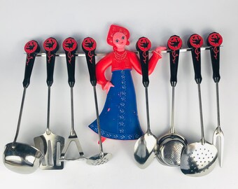 1992 NEW Vintage cooking set, kitchen wall set, spoon, fork, sieve, colander, puree masher, soup ladle, scapulas, kitchen set, cooking set