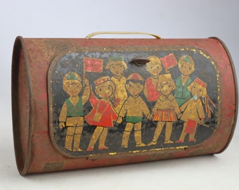 1970 Very Rare Soviet Lunchbox friendship of peoples, childrens, Vintage Tin Toy Bag, lunch box, kids bag, tin box, tin Vintage Tallinn box