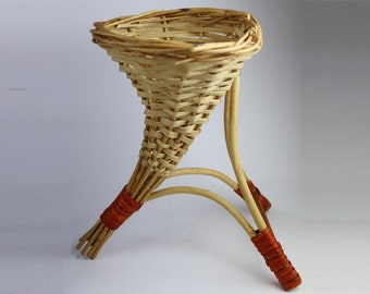 Soviet vintage wooden vase horn. rustic style. rustic wicker decor. fruit straw bowl. candy vase. braided bowl. cane. wattled basket