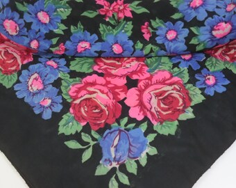 Vintage Soviet Floral Scarf USSR Wool Blend Black Headscarf Roses Blue Flowers Folk Shawl 84x81 cm Babushka Shawl