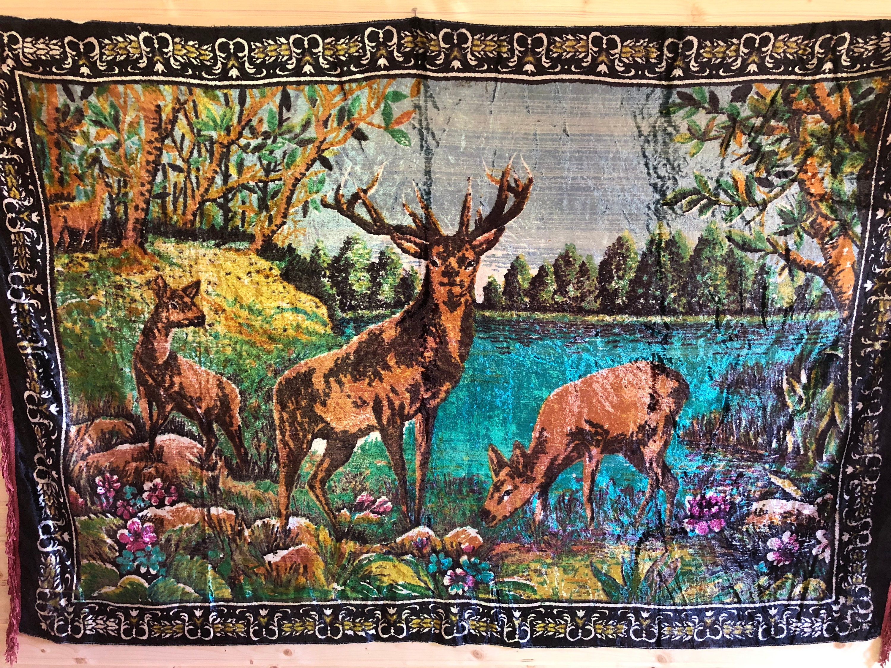 Soviet Plush Carpet Deer, Vintage Wall Carpet, Tablecloth, Rustic