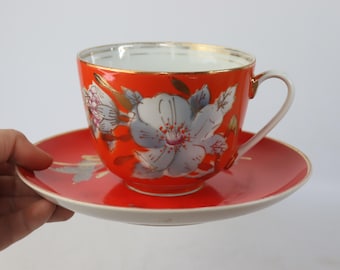 Vintage big Soviet Porcelain tea mug Malva, Shabby Hand painted Soviet cup, coffee set, Soviet Porcelain mug, Porcelain tea set, tea cup