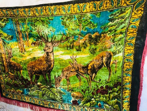 Soviet Plush Carpet Deer, Vintage Wall Carpet, Tablecloth, Rustic