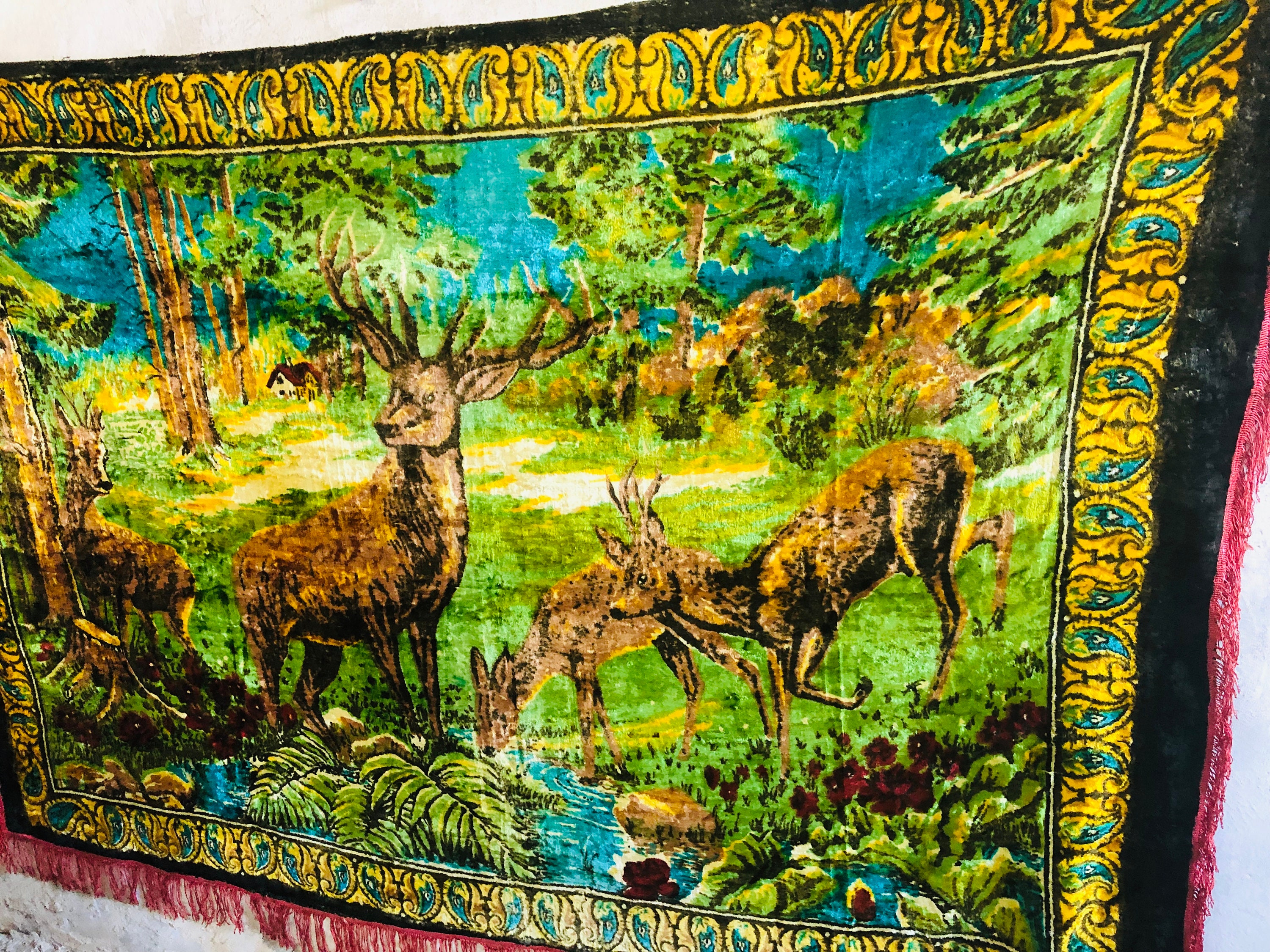 Soviet Plush Carpet Deer, Vintage Wall Carpet, Tablecloth, Rustic