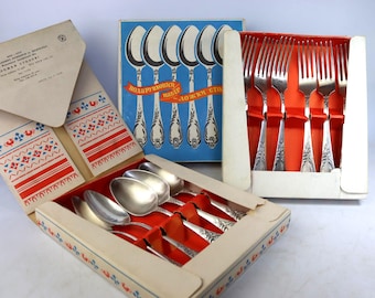1977 Vintage Soviet Melchior Flatware Set, Used USSR Nickel Silver Spoons Forks in Original Box, Retro Cutlery, USSR Quality Sign