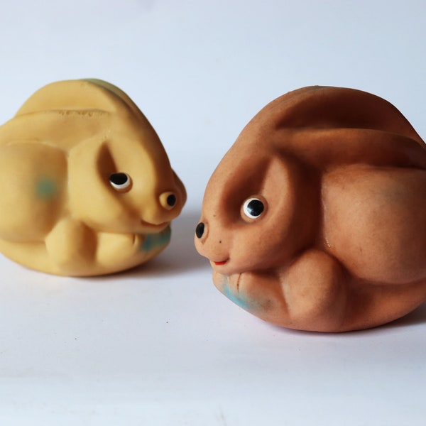 9 cm duet of very rare vintage Yugoslav rubber bunny toys, Yugoslavia, Biserka, Zagreb toy, vintage doll, little hare, collection toy