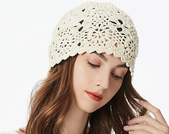 Women Cotton Crochet Slouchy Beanie Hat Handmade Knit Cutout Summer Winter Autumn Floral Skull Cap