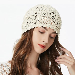 Women Cotton Crochet Slouchy Beanie Hat Handmade Knit Cutout Summer Winter Autumn Floral Skull Cap