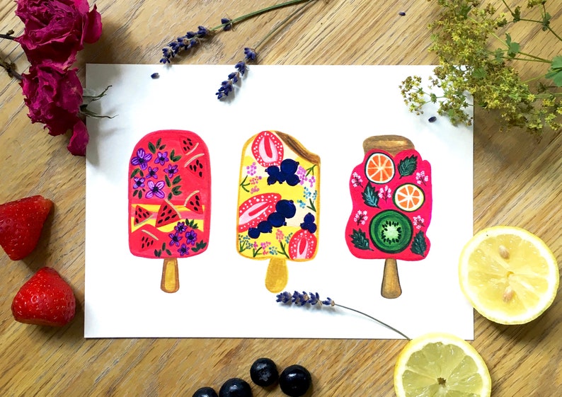 Summer Popsicles, Floral Fruity Popsicles, Art Print A5/A4 image 3