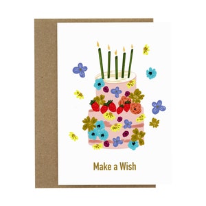 Make A Wish, Alles Gute zum Geburtstag Karte, Geburtstagskuchen Illustration, Blumen Geburtstagskuchen