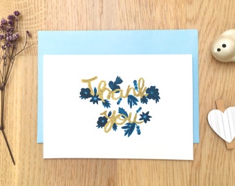 Thank You Card, Floral Thank You Card, Floral Greeting Card, Blue Floral Card