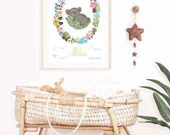 Birth Poster, Poster Nursery, Personalised Birth Gift, Birth with Name, Koala Art Print,Turtle Art Print, Hedgehog Art Print, New Born