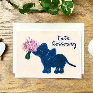 Cartão de melhoras, cartão de recuperação, ilustração de elefante, cartão de incentivo, ilustração de buquê de flores