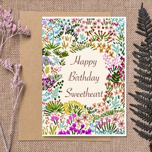 Happy Birthday Card, Congratulations on Your Birthday Card, Best Birthday Wishes , Happy Birthday Sweet Heard, Flower Garden Illustration