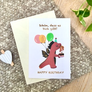 Happy Birthday Card, Birthday Wishes Card, "It 's great that you are here", Dragon Illustration, Cake Illustration, Children Birthday Card