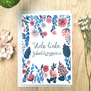 Birthday Card, Happy Birthday Card, Birthday Greeting, Blue Pink Floral Birthday Card, All Love Card