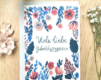 Birthday Card, Happy Birthday Card, Birthday Greeting, Blue Pink Floral Birthday Card, All Love Card