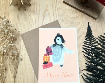 Penguin Christmas Card, Merry Christmas Card, Cute Penguin Illustration