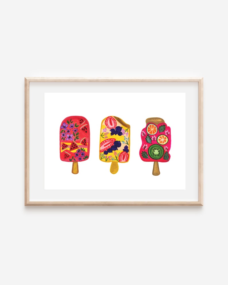 Summer Popsicles, Floral Fruity Popsicles, Art Print A5/A4 image 1