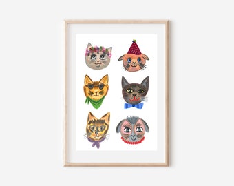 Cute Cats Art Print, A5/A4 Art Print, Gouache Cats Illustration, Nursery Art Print, Bedroom/Office Art Print