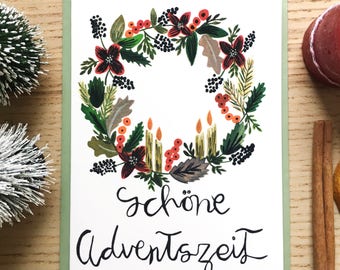 German Christmas Advent Card: Hand-Painted Wreath, Holiday Greeting