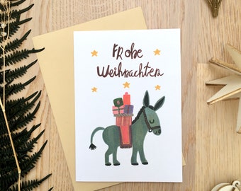 Merry Christmas Card, Donkey Illustration Card, Holiday Season Card, Handmade Card, Happy Holiday Greetings